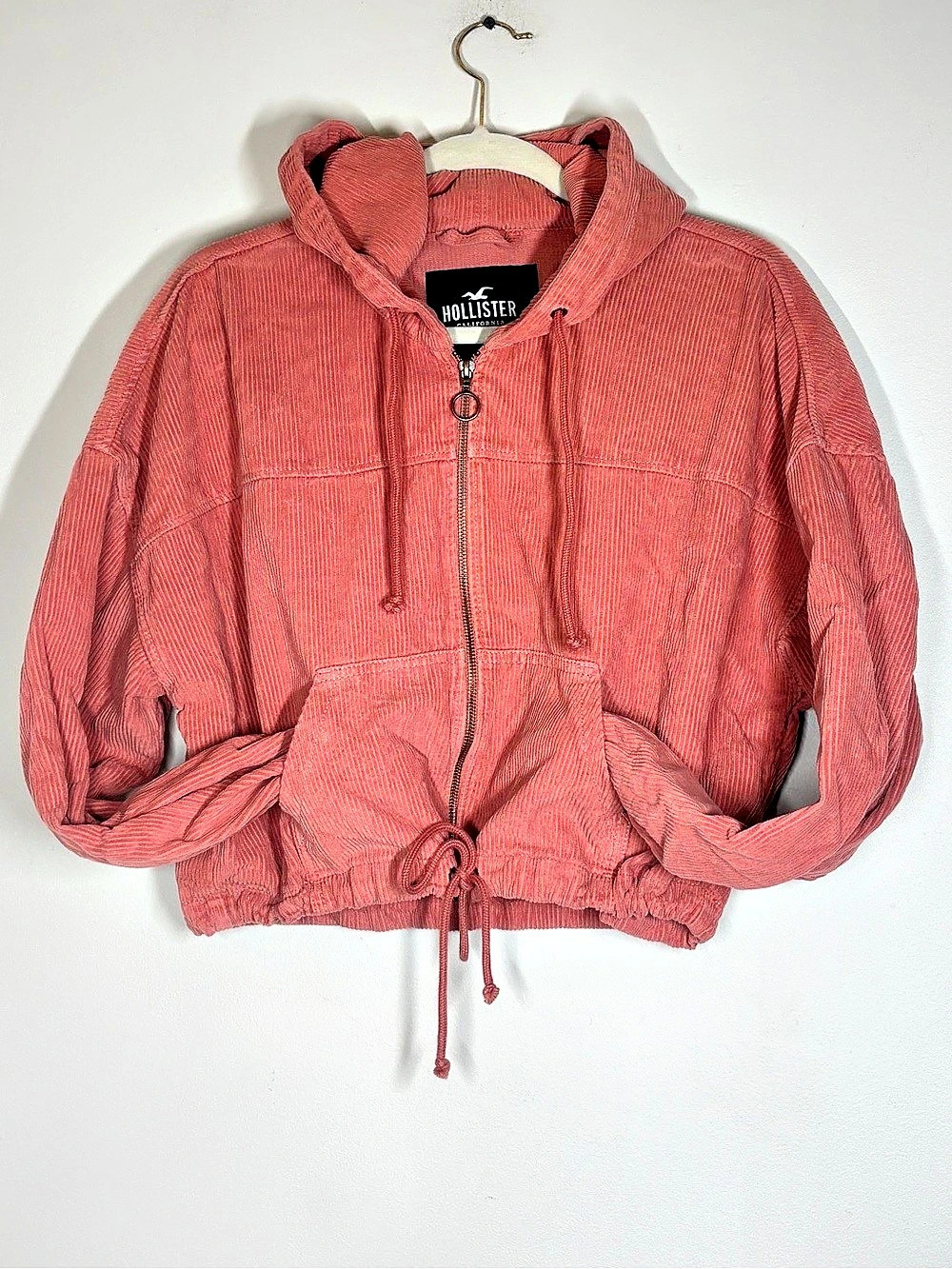 Hollister Salmon Pink Cropped Corduroy Zip Up Hoodie Jacket XL